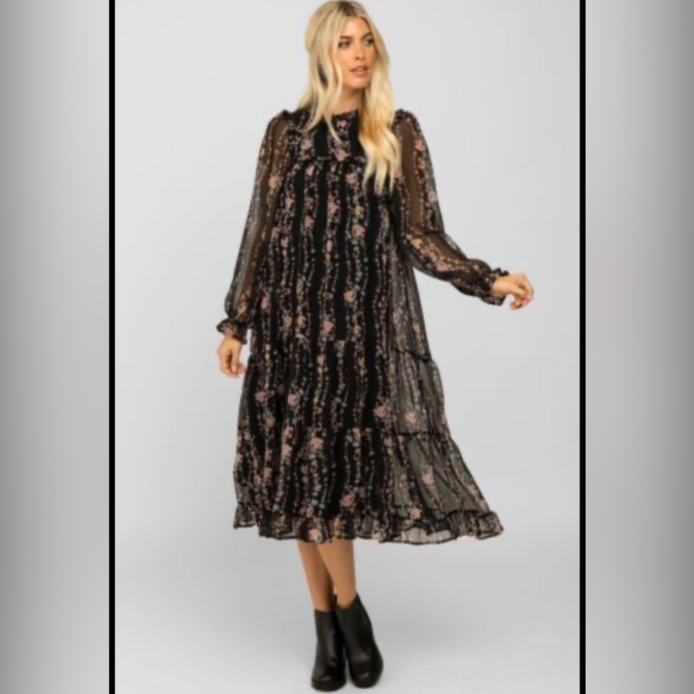 Black Floral Chiffon Midi Long Flowy Dress Boho Babydoll Swing Tiered Fairy Sz M